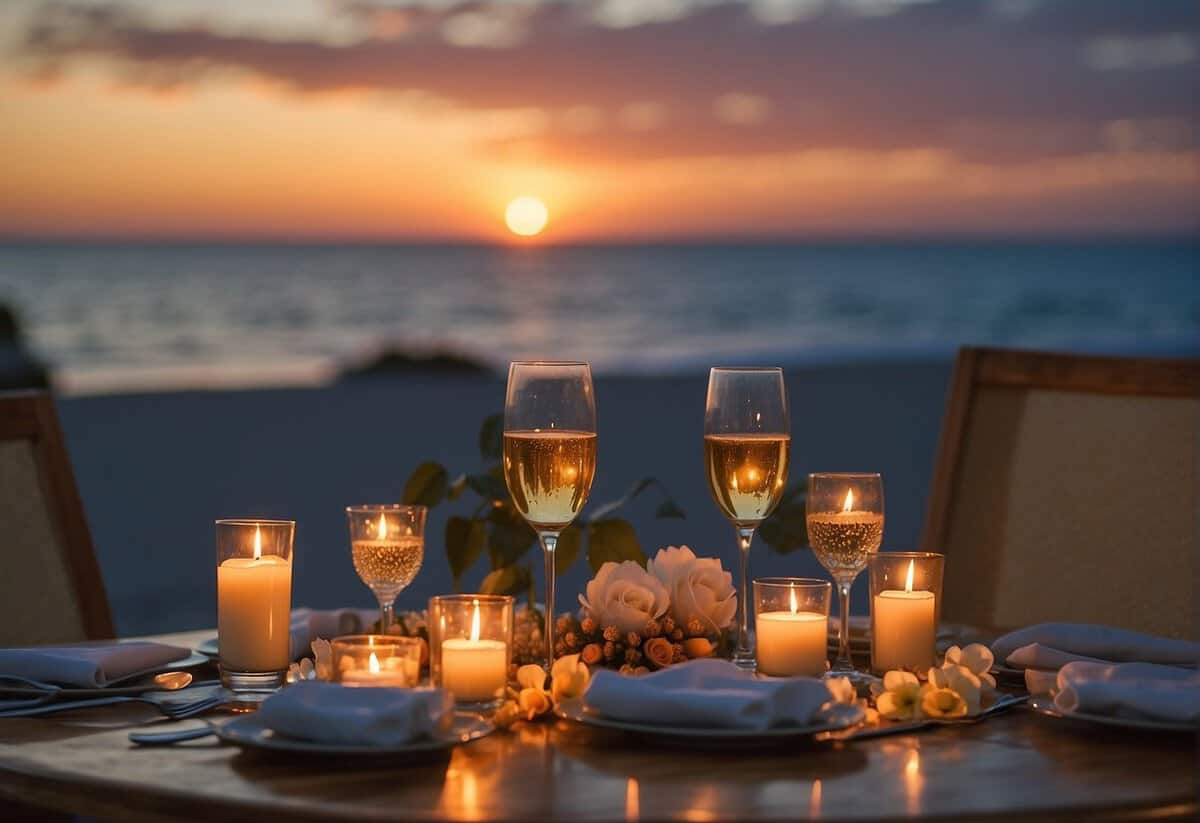 A table set with candles, flowers, and champagne. A serene beach backdrop with a sunset. Two elegant chairs facing each other