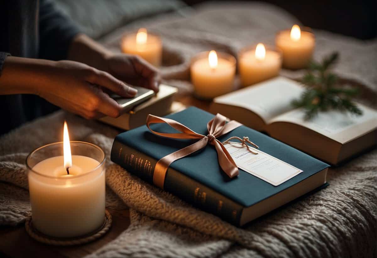 A couple's hands exchanging spa gift certificates and a book on meditation, surrounded by candles and a cozy blanket