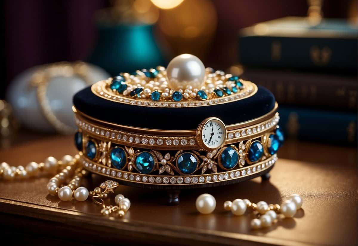 A beautifully wrapped jewelry box sits on a velvet cushion, surrounded by shimmering pearls and sparkling gemstones. A vintage clock in the background symbolizes the timeless nature of jewelry as a gift for a 52nd wedding anniversary