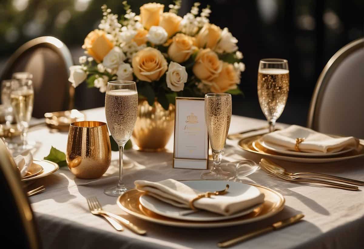 A table set with elegant dinnerware, surrounded by golden anniversary decorations and a bouquet of flowers, with a photo album and a bottle of champagne as centerpieces