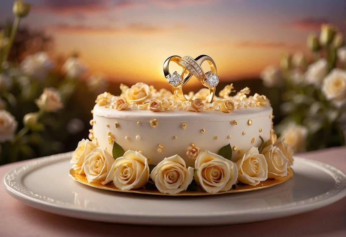 A golden anniversary cake with intertwined roses, a pair of doves, and a diamond ring, surrounded by a garden of blooming flowers and a sunset backdrop