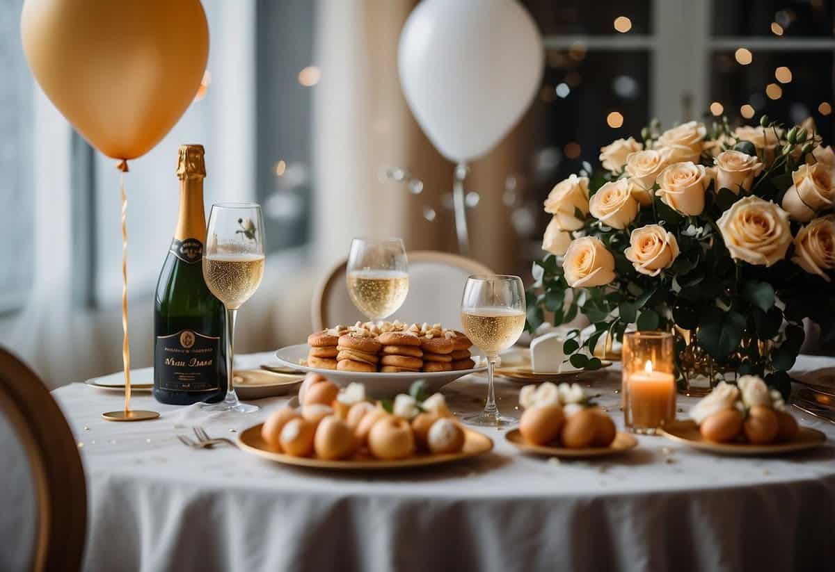 A table set with elegant dinnerware, a bouquet of roses, and a bottle of champagne on ice. Balloons and confetti decorate the room