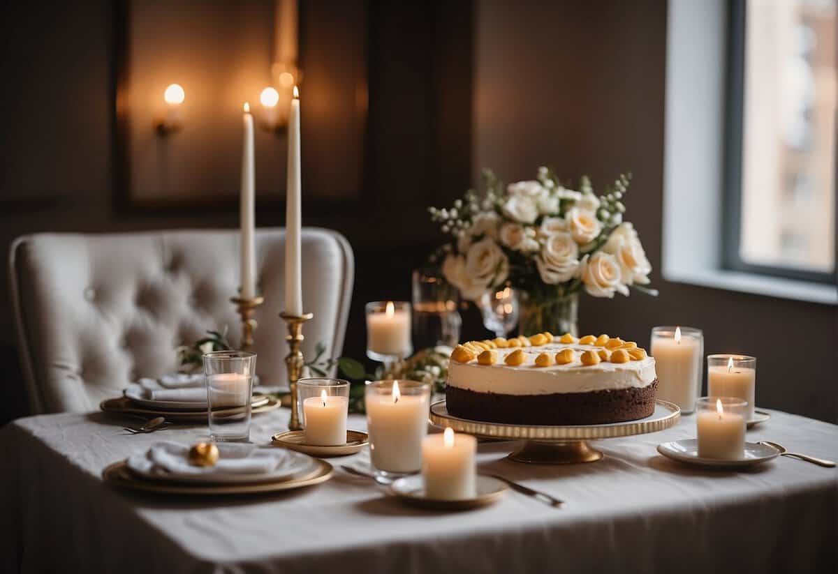 A table set with flowers, candles, and a cake. Two chairs facing each other, with a framed photo of the couple on the wall