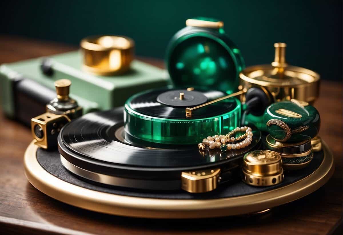 A table displays a mix of traditional and modern gifts for a 54th anniversary: a luxurious emerald jewelry set alongside a vintage vinyl record player