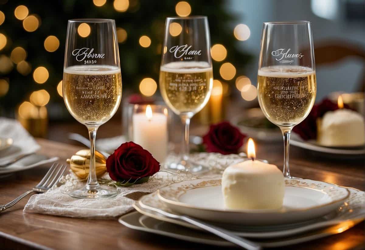 A festive table set with personalized 54th wedding anniversary decorations, including a custom cake topper and engraved champagne flutes