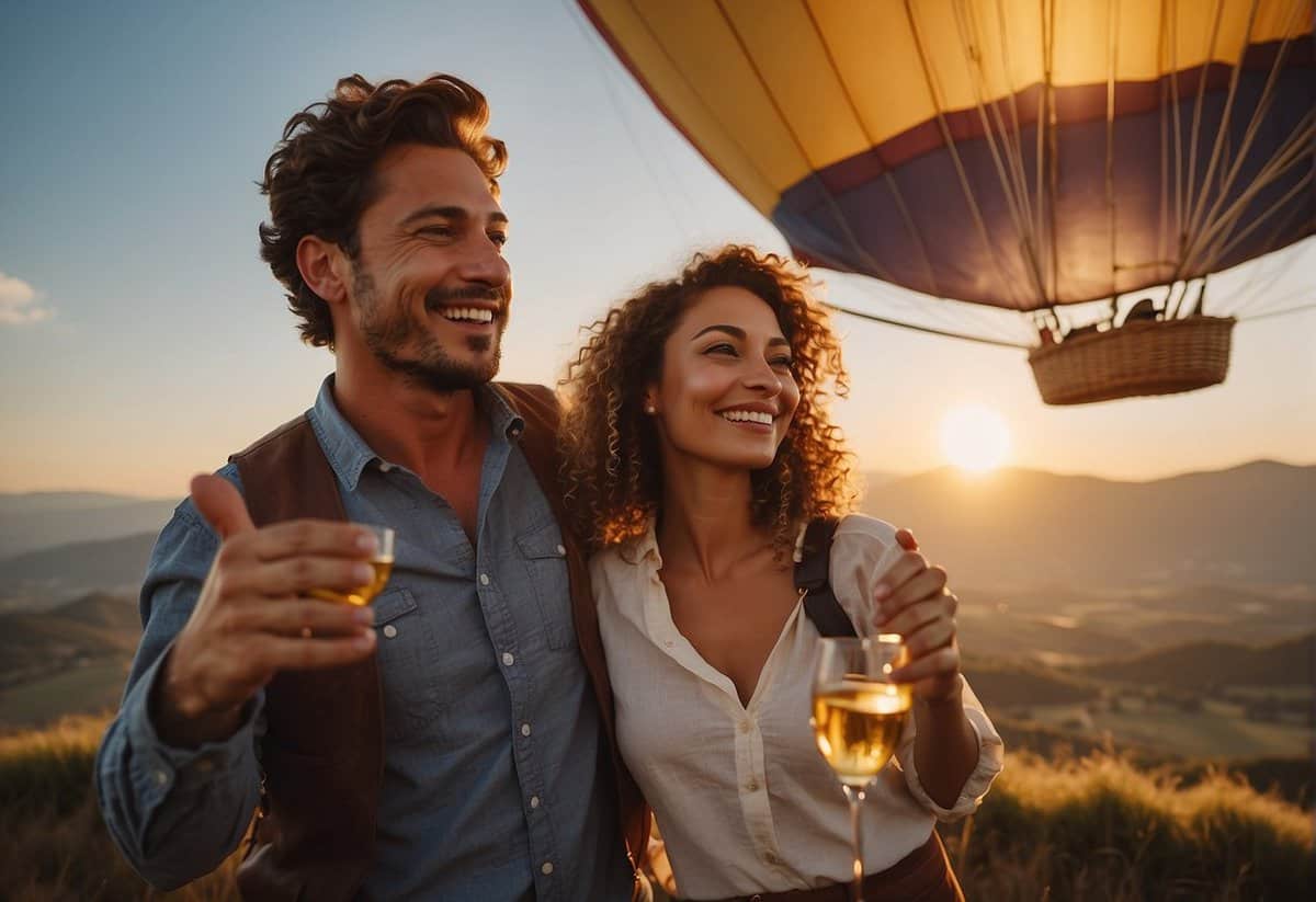 A couple enjoying a hot air balloon ride at sunset, toasting with champagne, surrounded by breathtaking views of mountains and valleys