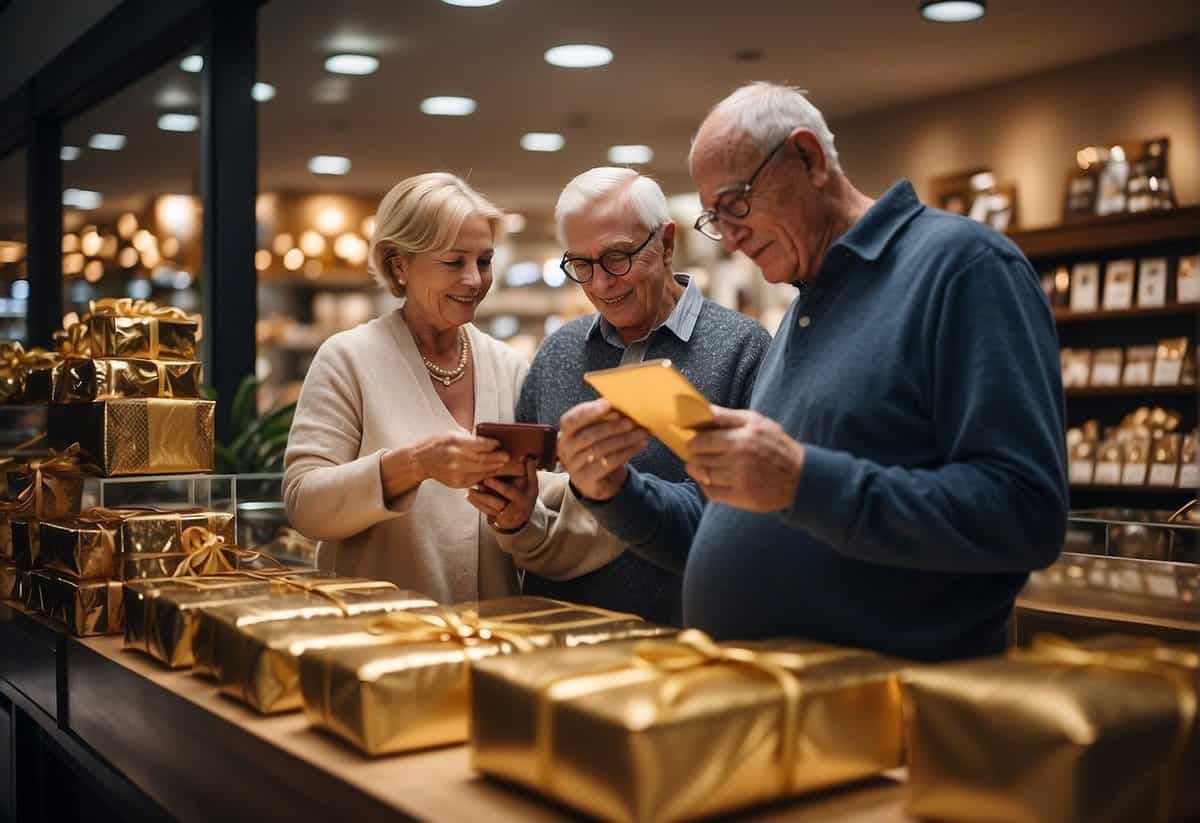 A couple browsing through a variety of gift options, comparing prices and considering their budget for their 54th wedding anniversary