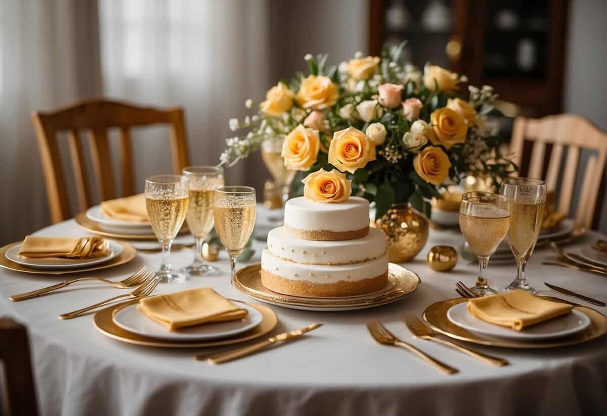A table set with elegant dinnerware, surrounded by family photos and a bouquet of flowers. A golden "55" centerpiece and a cake with "Happy Anniversary" written in icing