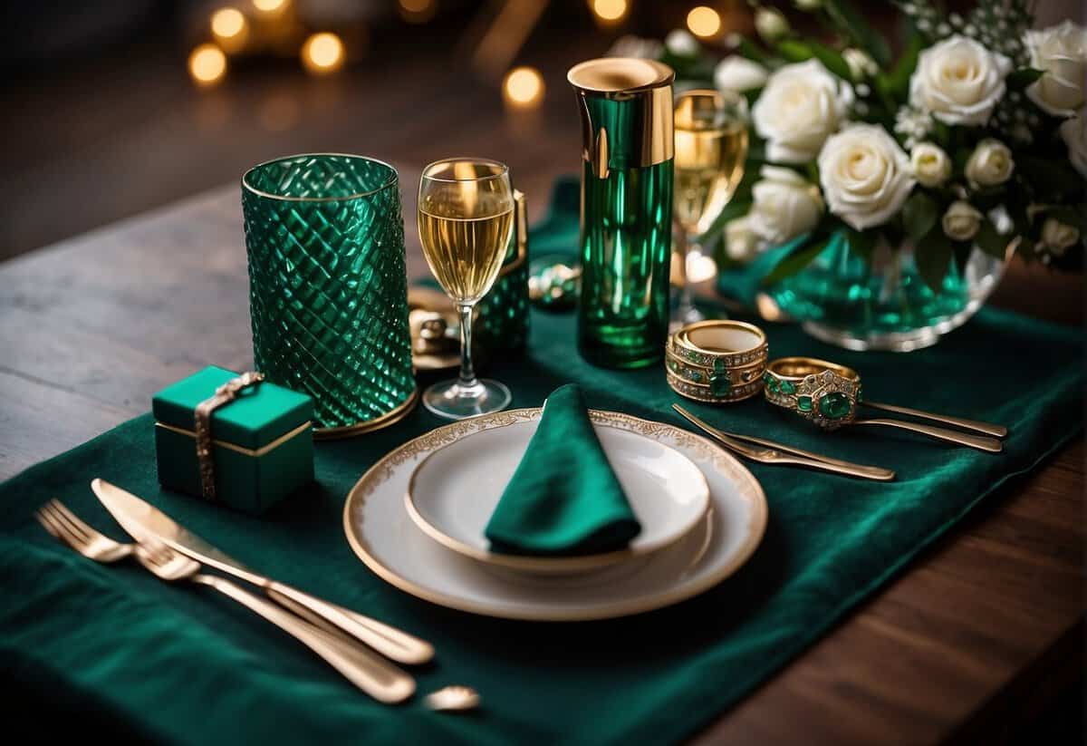 A table adorned with emerald-themed gifts: a jewelry box, a photo frame, a vase, and a decorative plate. A bottle of champagne and two glasses sit beside them