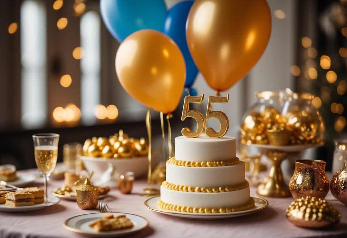 A table adorned with golden decorations, surrounded by family photos and a tiered cake with "55" toppers. Balloons and streamers fill the room
