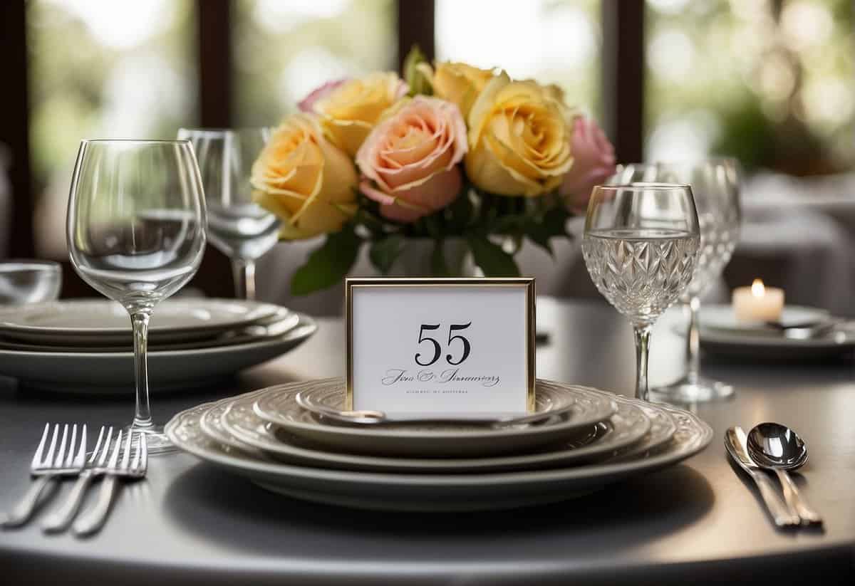 A dining table set with elegant silverware, fine china, and a floral centerpiece. A framed wedding photo and a decorative 55th anniversary sign add a personal touch
