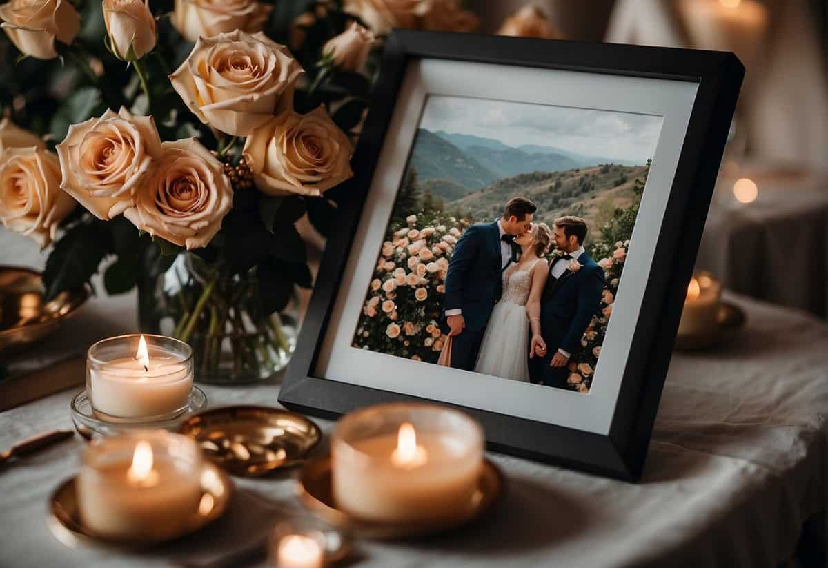 A couple's hands holding a framed wedding photo, surrounded by 56 roses and a bottle of champagne on a beautifully set table