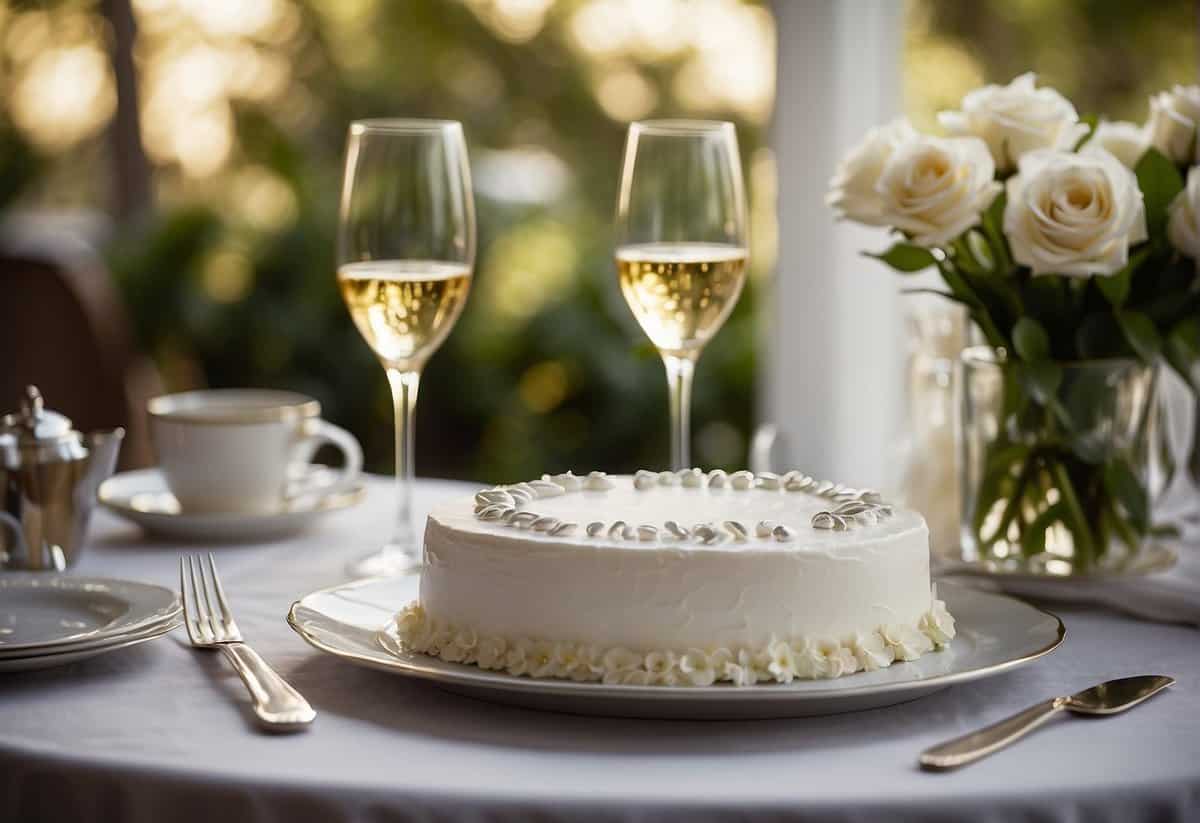 A table set with a white tablecloth, adorned with a bouquet of fresh flowers, two champagne glasses, and a silver anniversary cake with "56th" written in icing