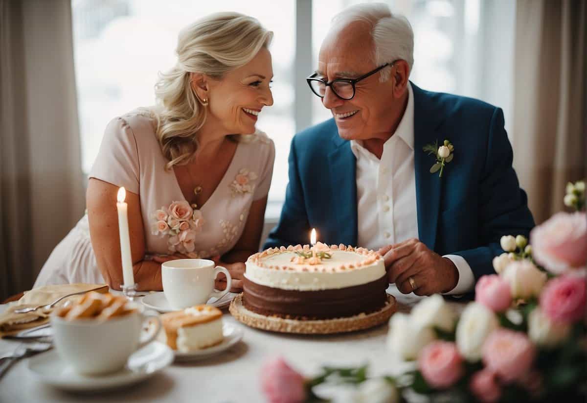 A couple exchanging gifts, surrounded by flowers and a cake, celebrating their 56th wedding anniversary