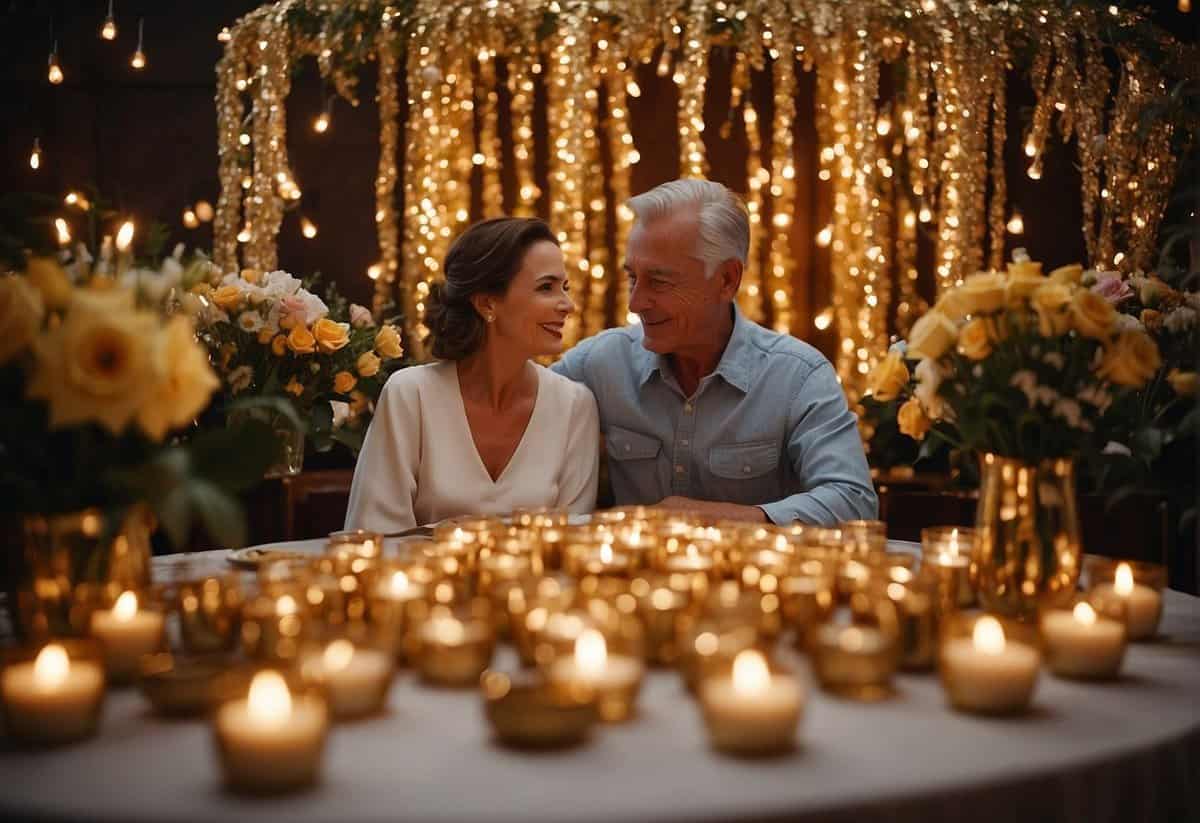 A couple sits at a table, surrounded by flowers and candles. A large number 56 made of gold sits in the center, symbolizing their 56th wedding anniversary