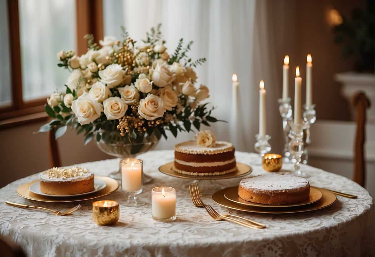 A table set with a white lace tablecloth, adorned with a bouquet of flowers and a tiered cake topped with a golden "56" figurine. Family photos and candles surround the centerpiece