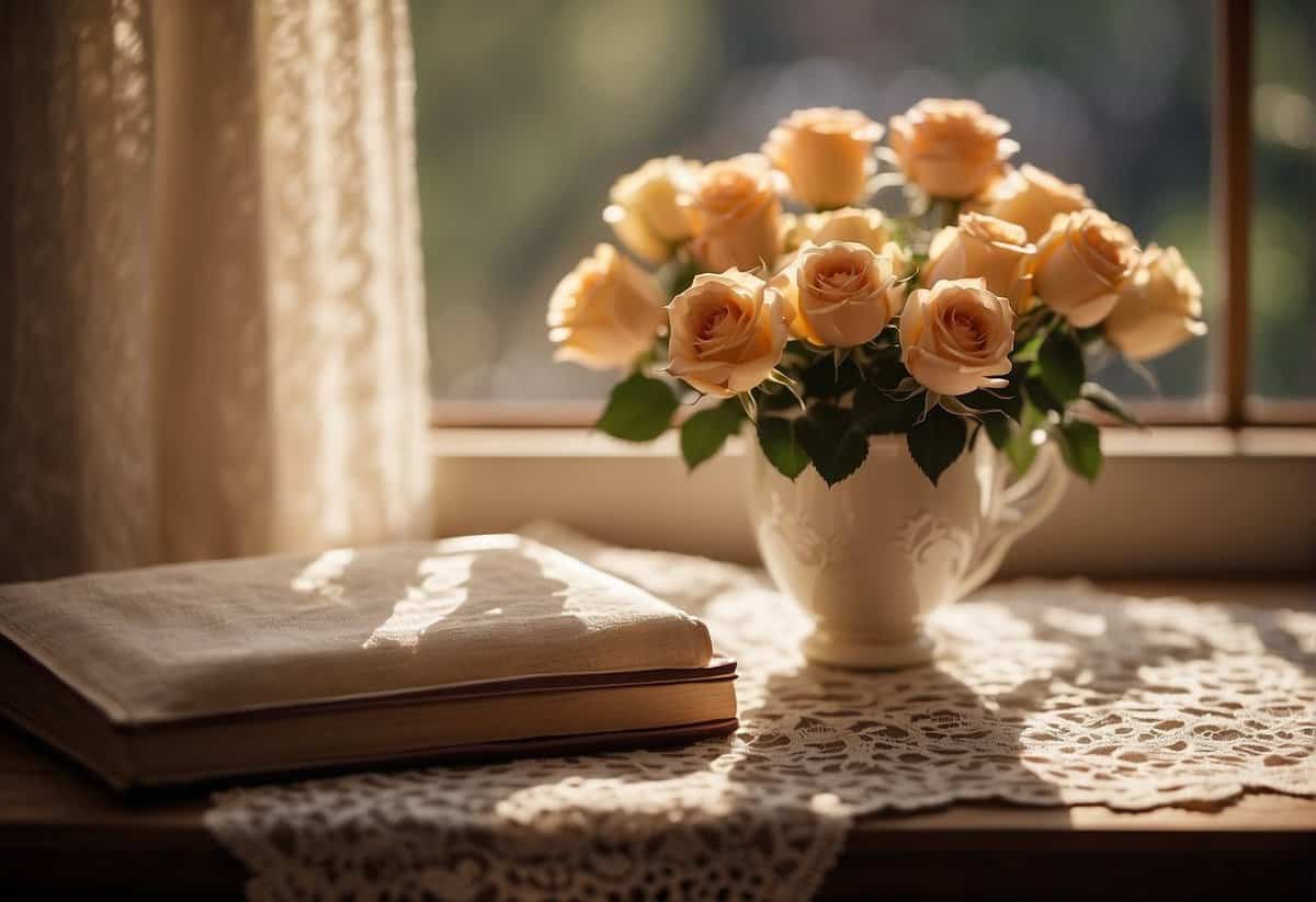A table set with a lace tablecloth, adorned with a bouquet of roses and a vintage photo album. Sunlight streaming through the window, casting a warm glow on the scene