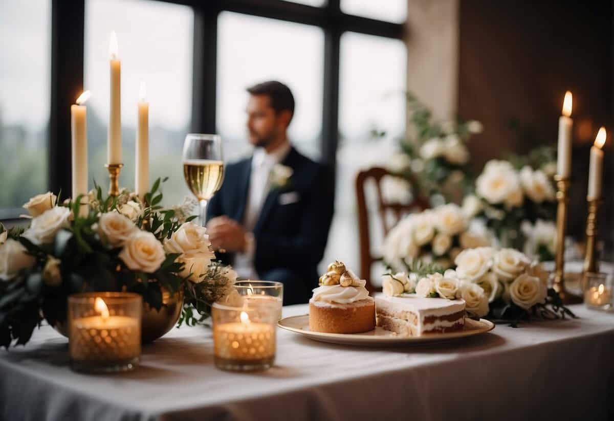 A couple's wedding photo surrounded by flowers and candles, with a cake and champagne nearby