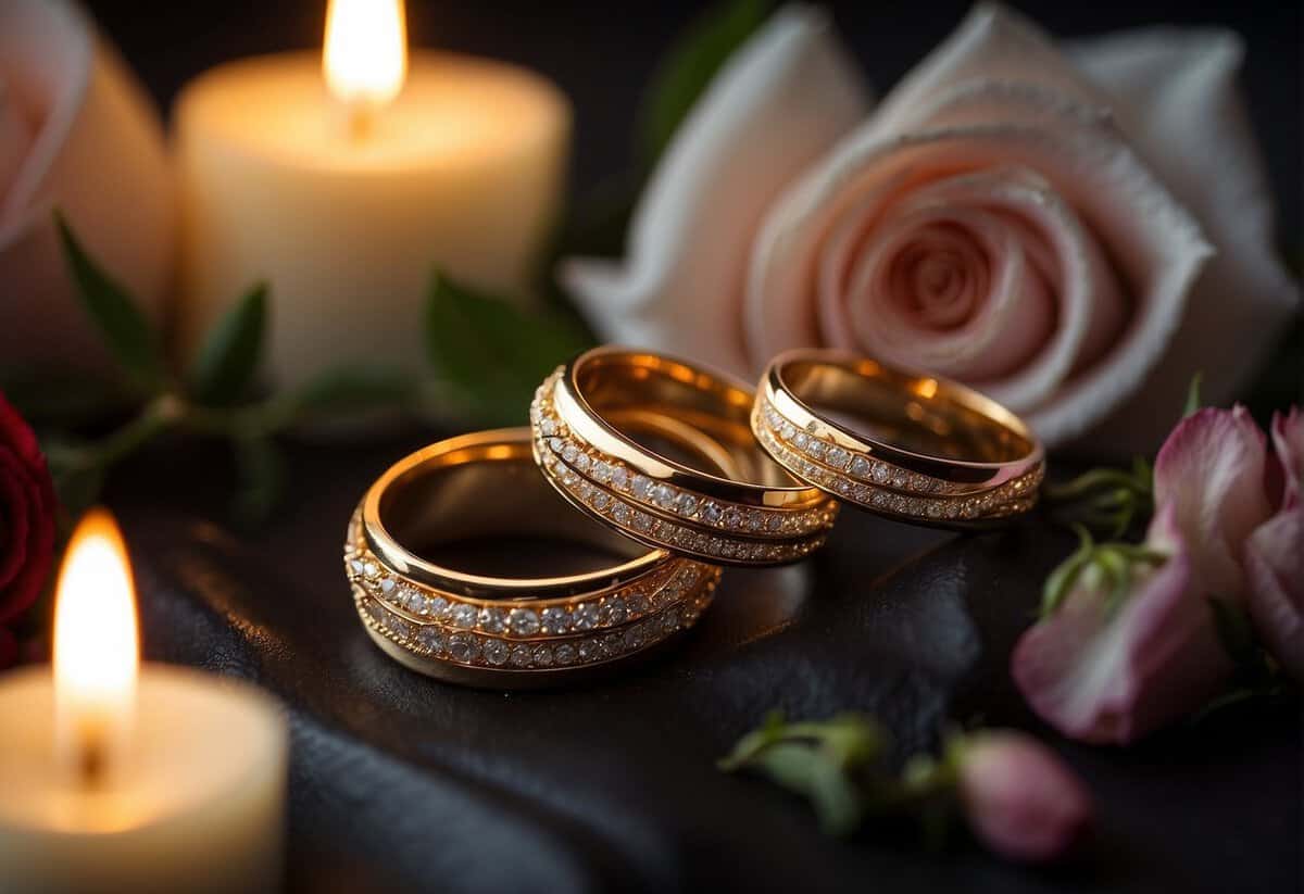 A pair of intertwined gold rings resting on a bed of roses, with a single candle burning in the background