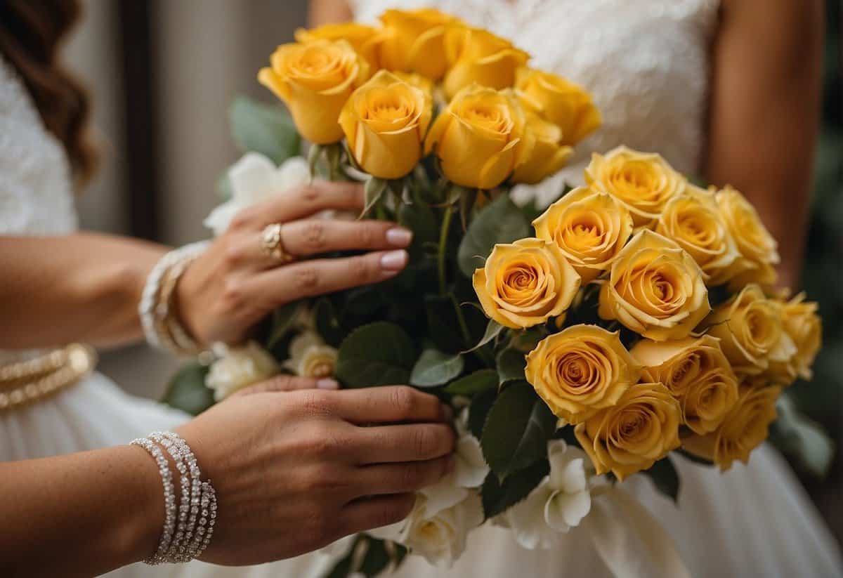 A couple's hands exchanging a pair of intertwined gold rings, surrounded by a bouquet of yellow roses and a personalized photo album