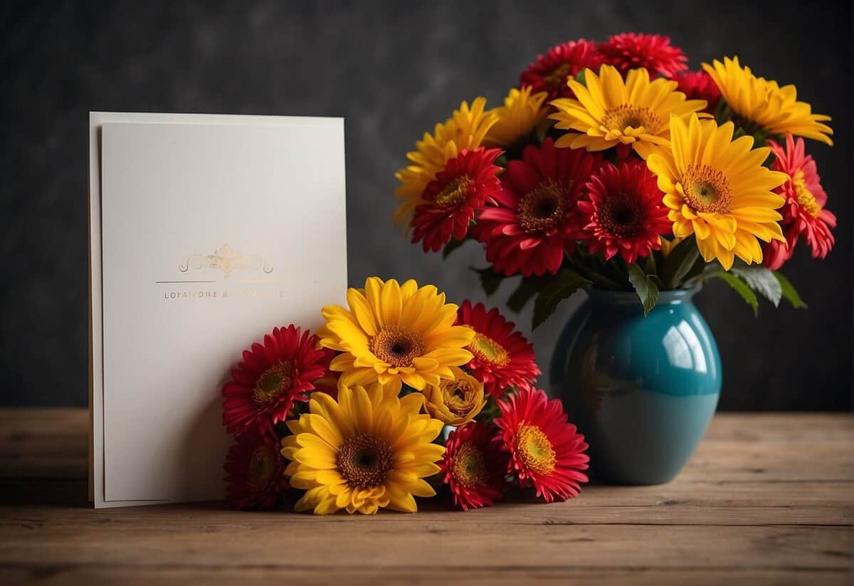 A vase filled with vibrant red and yellow flowers sits on a table next to a stack of colorful 57th anniversary cards