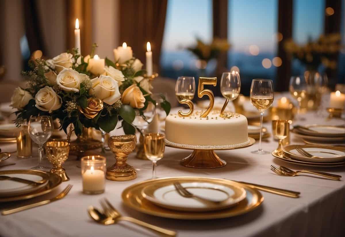 A table set with elegant dinnerware, surrounded by golden decorations and a large cake with "57" on top. Champagne glasses and a bouquet of flowers complete the festive scene