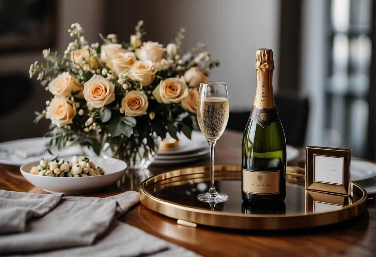 A table set with a bouquet of flowers, a bottle of champagne, and two elegant champagne flutes. A photo album and a framed wedding picture sit nearby