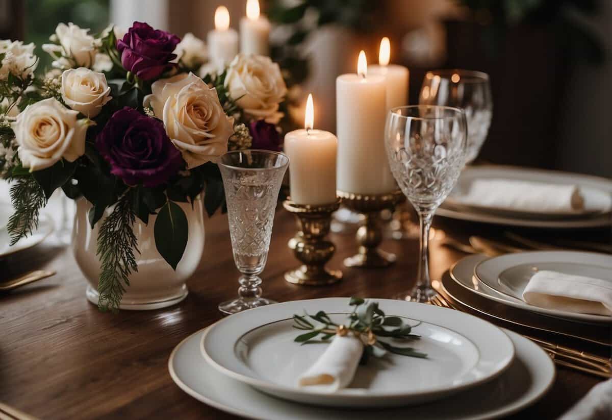 A table set with elegant dinnerware, surrounded by family photos and candles. A couple's hands clasping over a bouquet of flowers