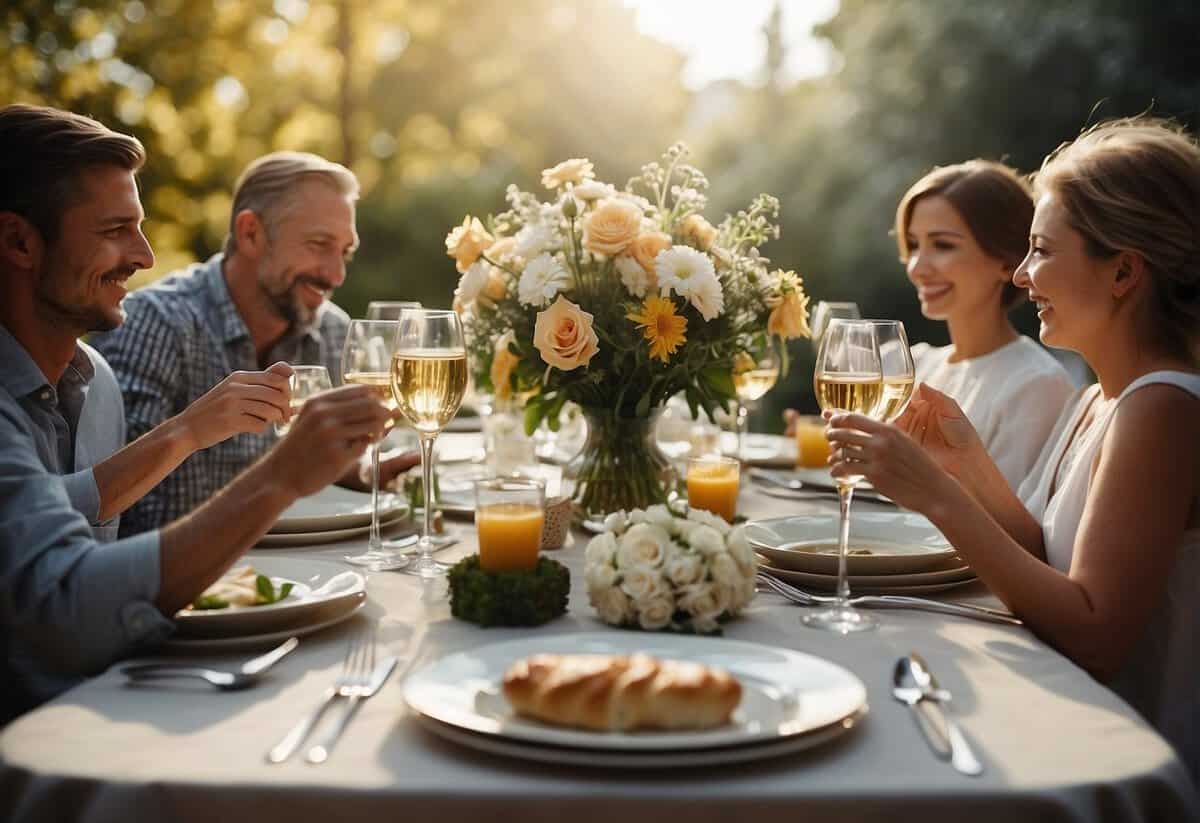 A table set with elegant dinnerware and a bouquet of flowers, surrounded by smiling family members raising a toast