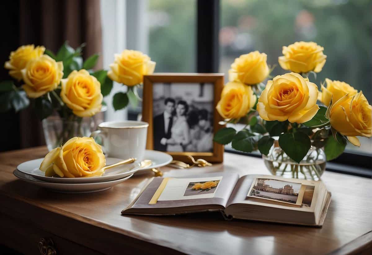 A table set with elegant china, a bouquet of yellow roses, and a framed photo album