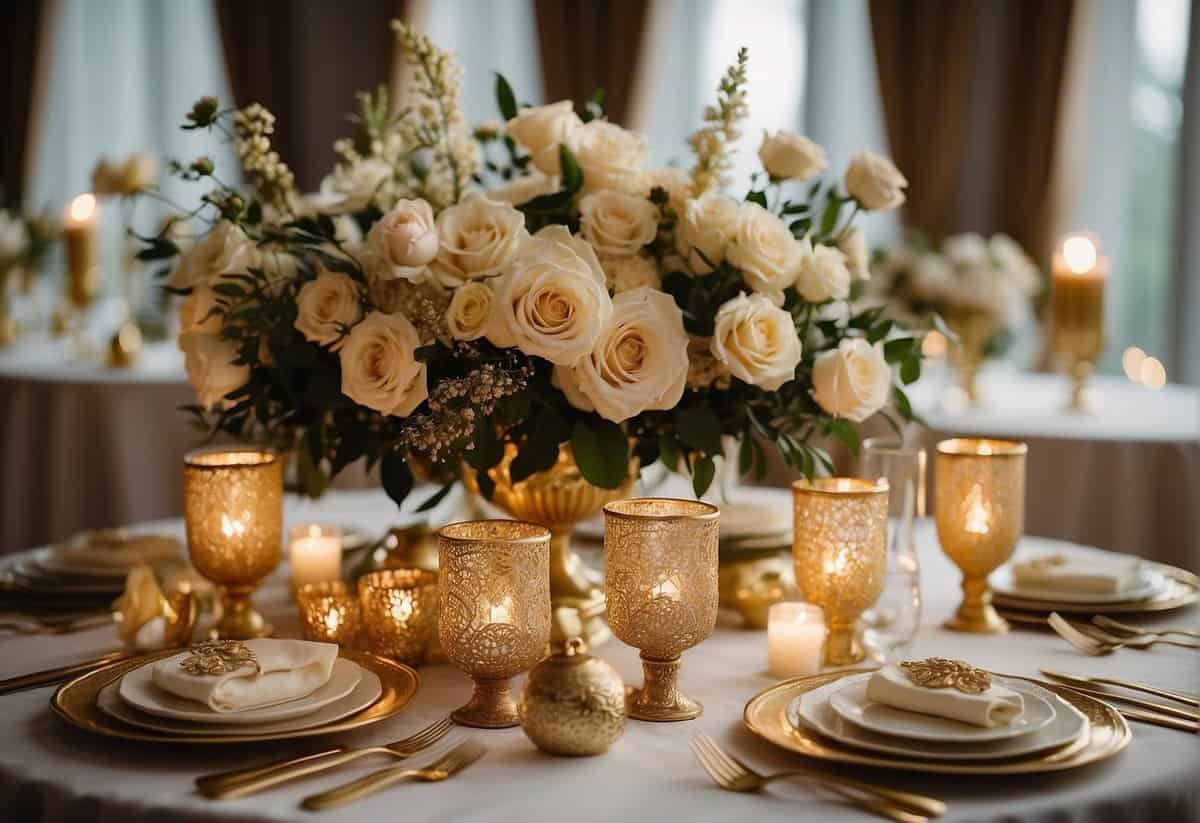 A table adorned with golden accents, surrounded by photos of the couple throughout the years. A large "58" centerpiece and elegant floral arrangements complete the theme