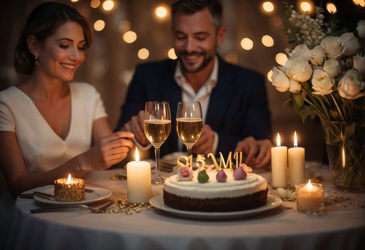 A couple sitting at a beautifully set table, surrounded by flowers and candles. A bottle of champagne is being opened, and a cake with "58th Anniversary" written on it is being brought out
