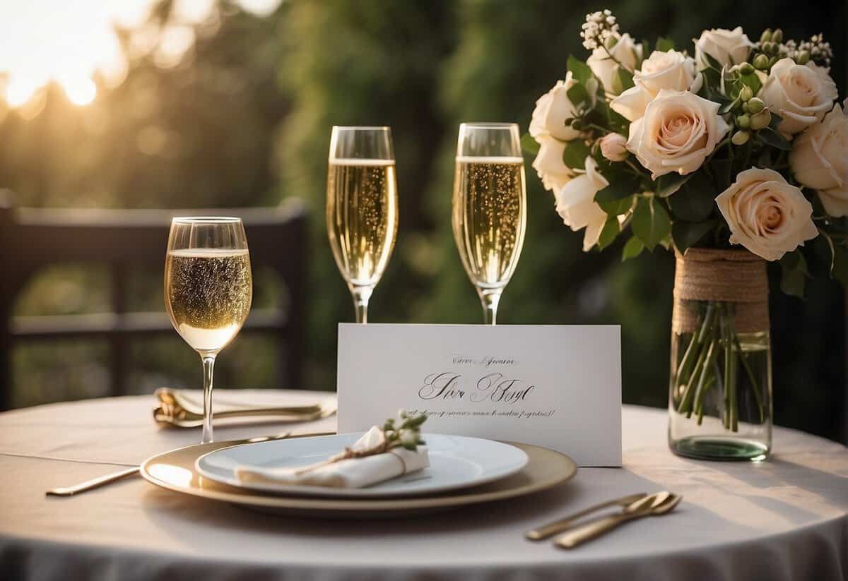 A table set with flowers, a bottle of champagne, and two elegant champagne flutes. A framed wedding photo and a handwritten love note complete the romantic setting
