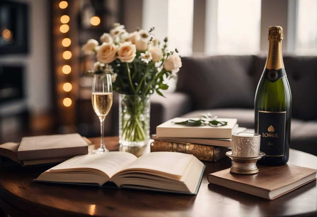 A cozy living room with a fireplace, a table set with a bouquet of flowers, and two champagne glasses. A photo album and a stack of love letters are displayed on a nearby shelf