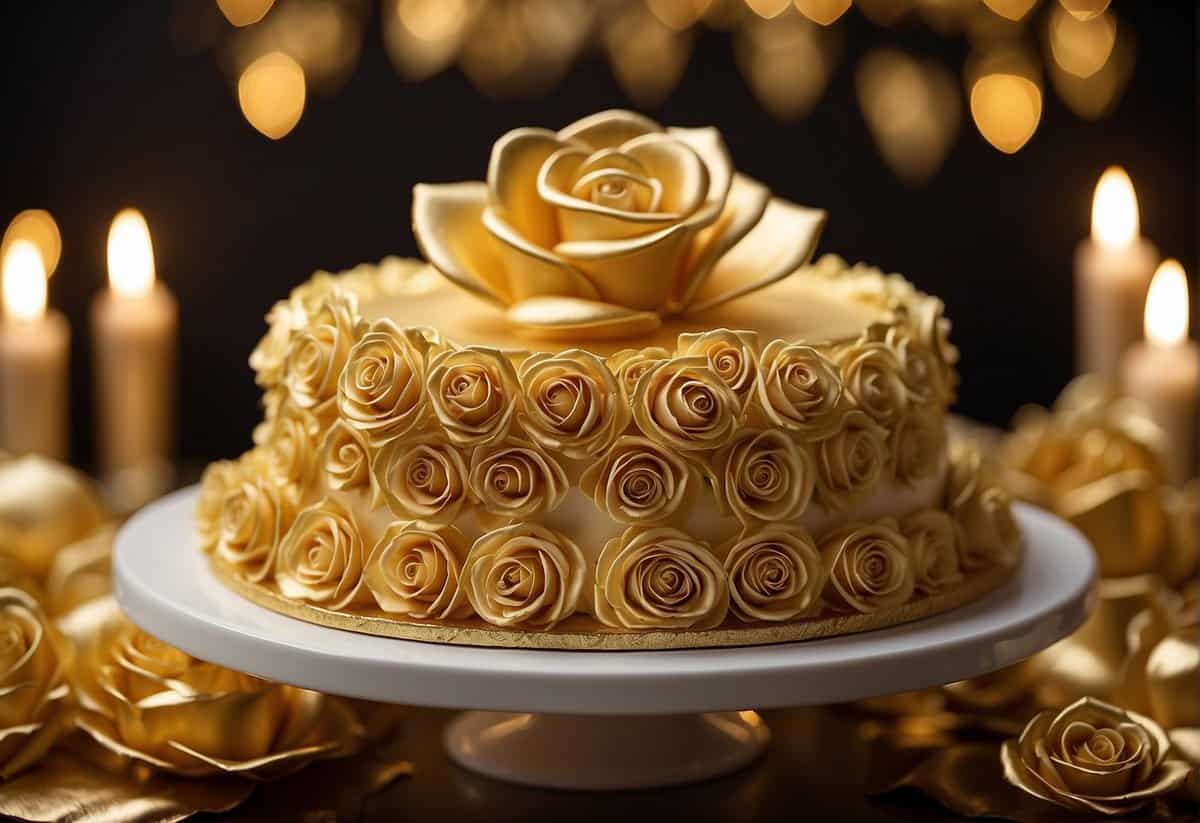 A golden anniversary cake surrounded by 59 roses, symbolizing the enduring love and commitment of a 59th wedding anniversary