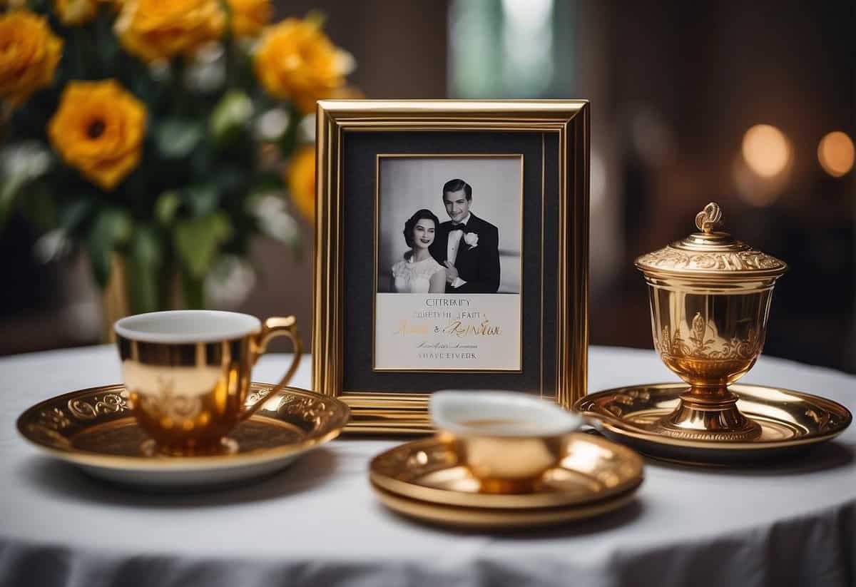 A table displays traditional and modern 59th anniversary gifts, with a mix of classic and contemporary items arranged in an elegant and celebratory manner