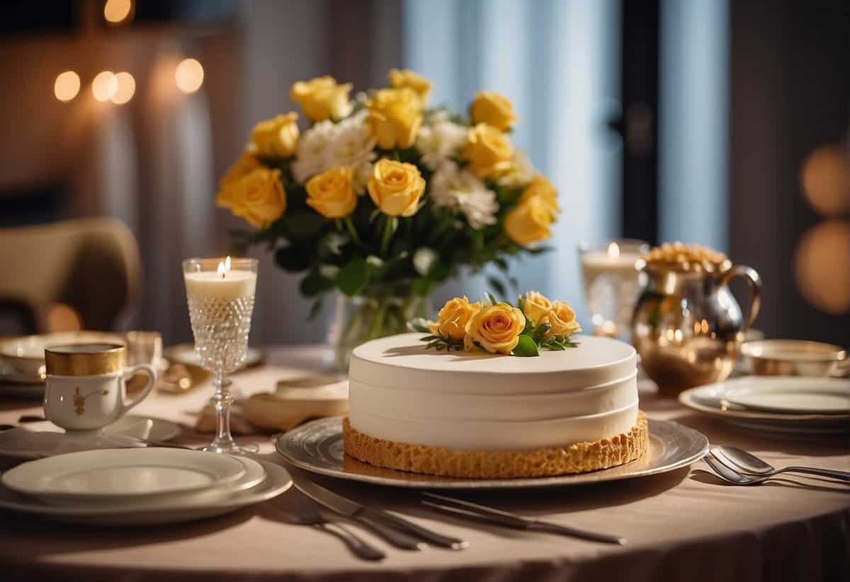 A table set with elegant dinnerware and a bouquet of flowers, surrounded by family photos and a 59th anniversary cake