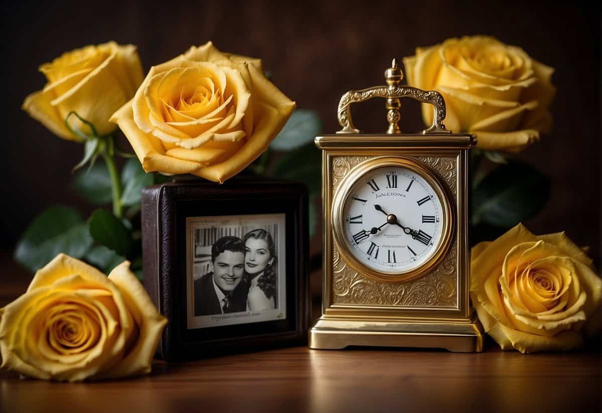 A couple's names engraved on a golden anniversary clock, surrounded by a bouquet of yellow roses and a vintage photograph album