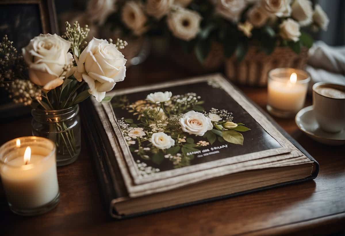 A couple's hands clasping a vintage photo album, surrounded by anniversary mementos and flowers