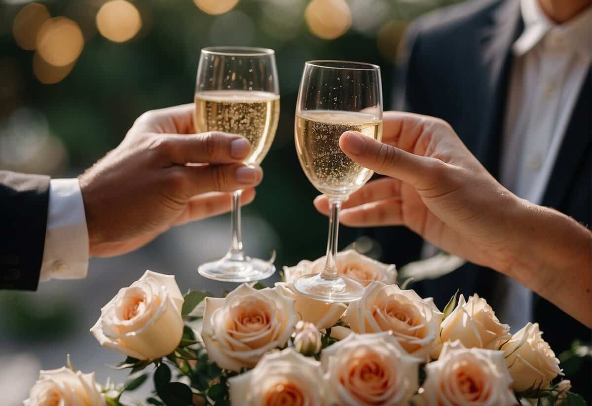 A couple's hands exchanging diamond rings, surrounded by roses and a champagne toast