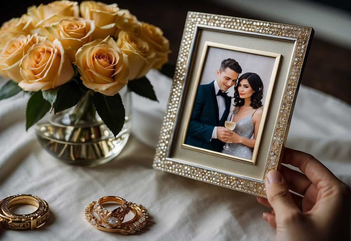 A couple's hands holding a diamond-encrusted photo frame, surrounded by 61 roses and a vintage champagne bottle