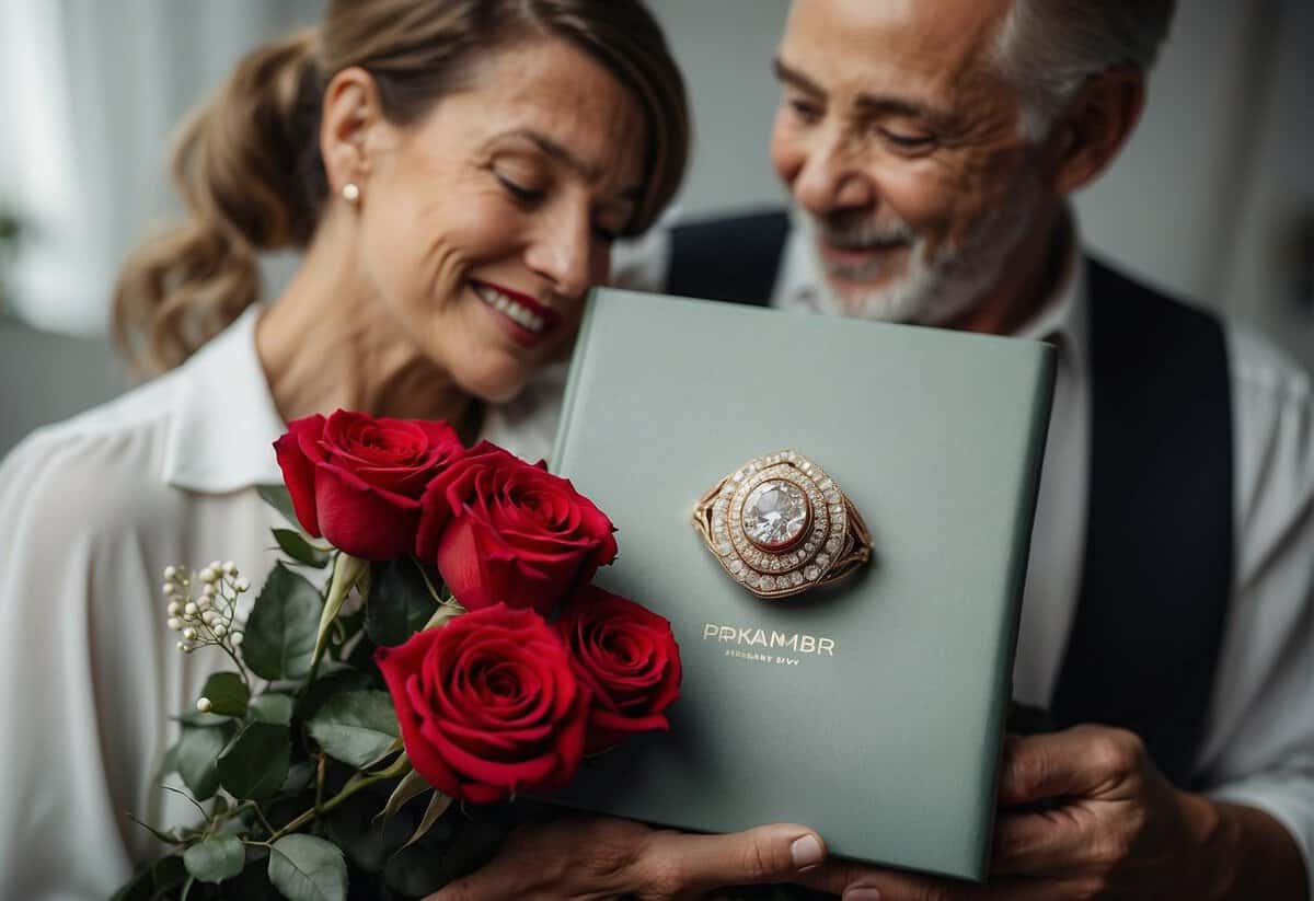 A couple surrounded by diamond jewelry, a photo album, and a bouquet of roses, celebrating their 61st wedding anniversary