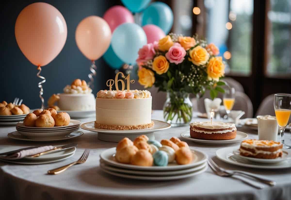 A table set with elegant dinnerware, a bouquet of flowers, and a cake with "61" topper. Balloons and confetti decorate the room