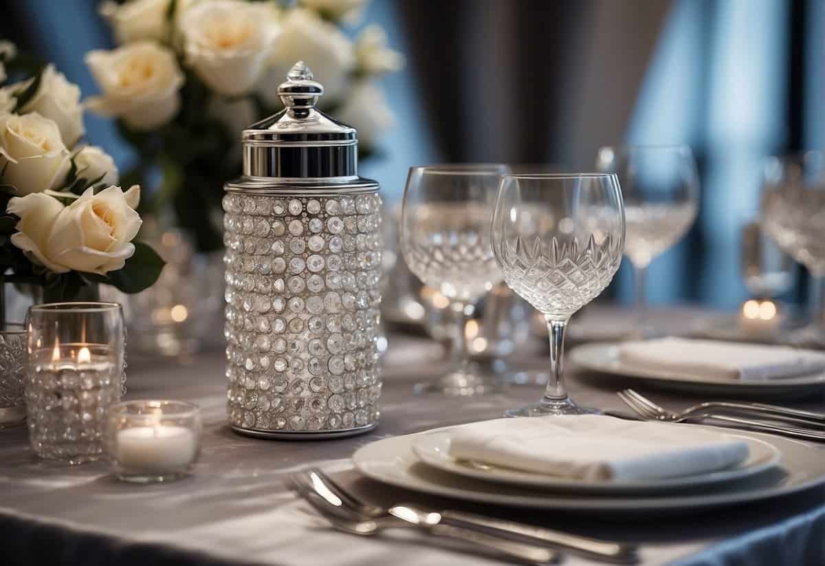 A table set with elegant silver and diamond-themed decor, surrounded by photos of the couple throughout the years