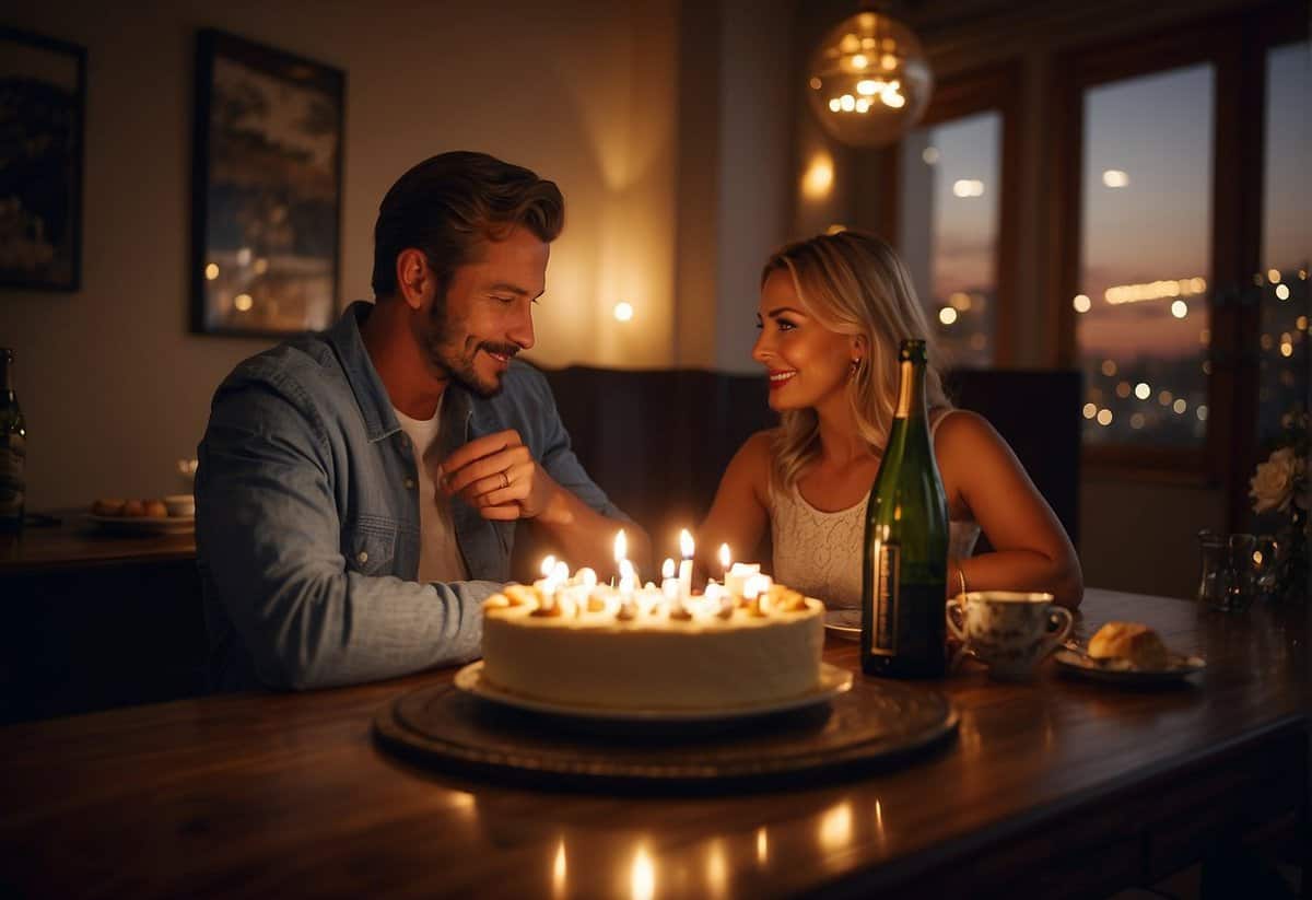 A couple sits at a candlelit table, surrounded by framed photos of their life together. A bottle of champagne sits chilling in a bucket, and a small cake with "61" on top waits to be cut