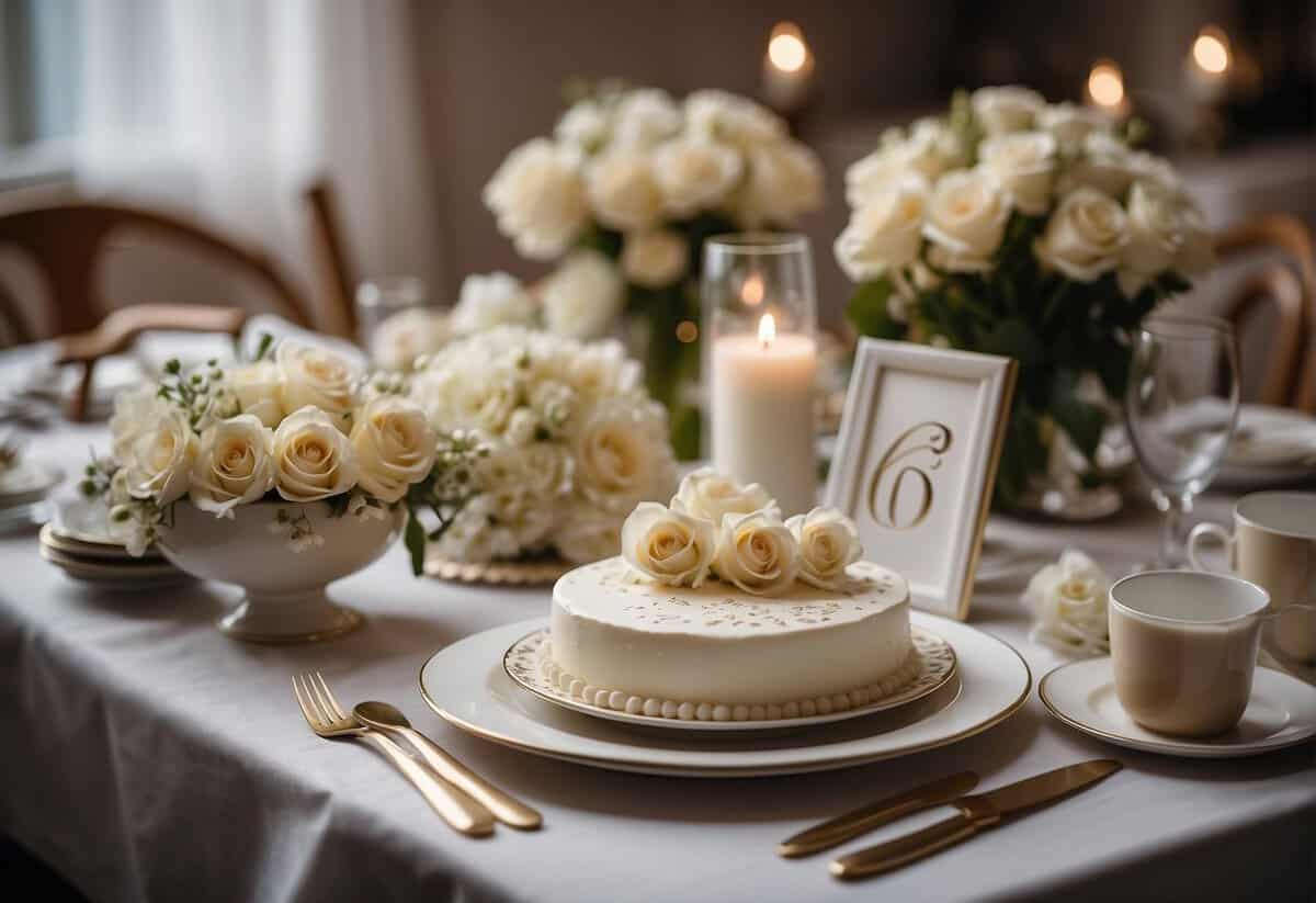 A table set with elegant dinnerware and a bouquet of flowers, surrounded by family photos and a cake with "62nd Anniversary" written in frosting