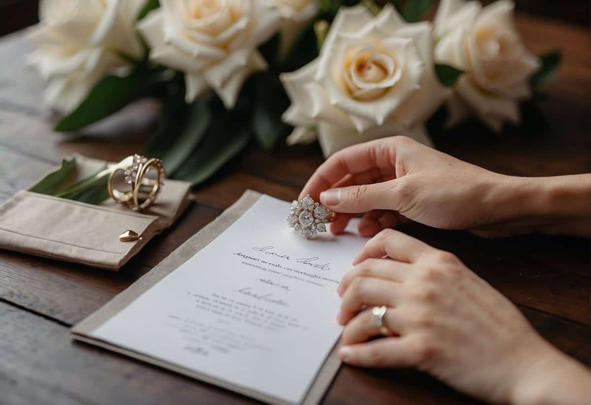 A couple's hands exchanging a diamond necklace and a handwritten love letter, surrounded by a bouquet of lilies and a vintage photo album