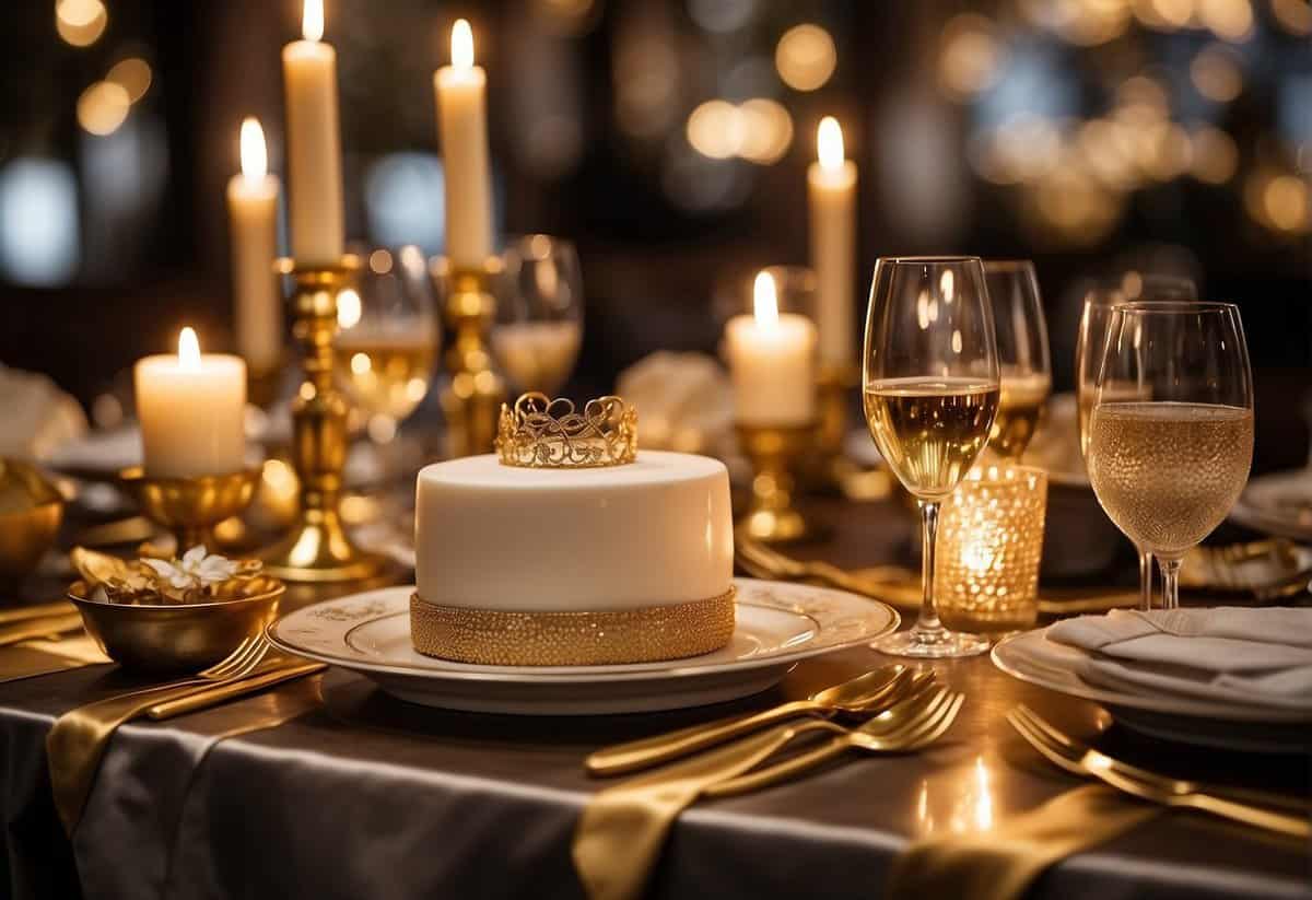 A table set with elegant dinnerware, surrounded by golden anniversary decorations and a large cake adorned with 62 candles