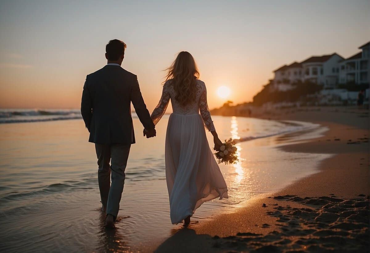 A couple stands on a beach at sunset, surrounded by family and friends. They hold hands and exchange vows, with a beautiful ocean backdrop
