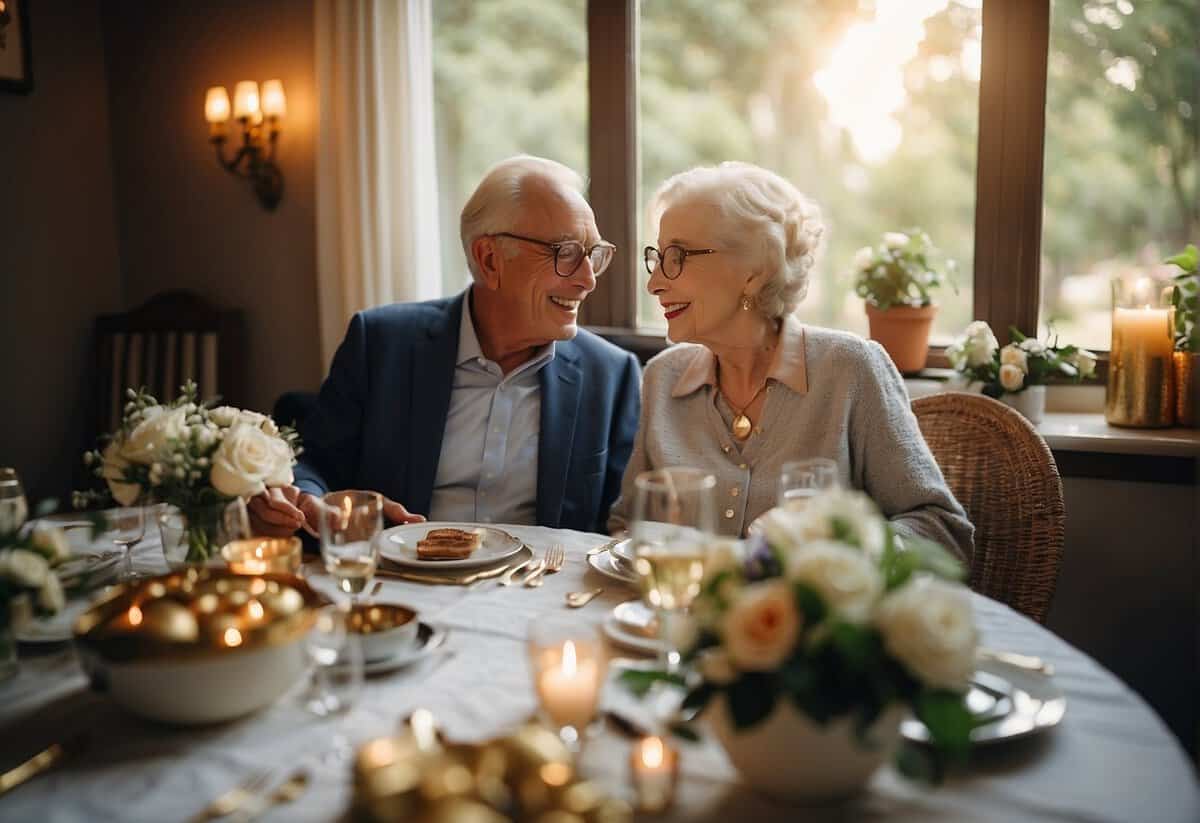 A couple sitting at a beautifully set table, surrounded by family photos and mementos from their 62 years together, toasting with champagne and exchanging loving glances